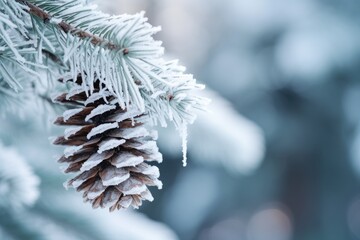 frozen fir branch with pinecone in winter nature - obrazy, fototapety, plakaty