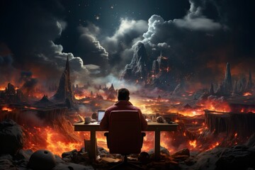Businessman sitting at table and looking at ruins of ancient city at night. Fantasy art. Generative AI.