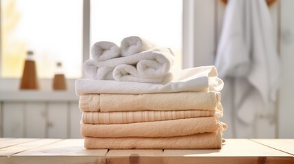 Clean towels on wooden table in the bathroom. Space for text