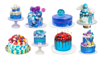 Collection of different beautiful blue birthday cakes isolated on white background. Sweet sixteen, chocolate spheres, cosmic and berries decoration