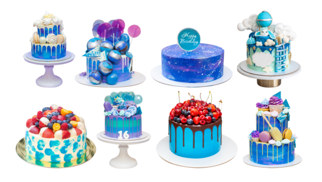 Collection of different beautiful blue birthday cakes isolated on white background. Sweet sixteen, chocolate spheres, cosmic and berries decoration - Powered by Adobe