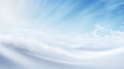 Naklejka na ściany i meble Winter snow background with snowdrifts, with beautiful light and snow flakes on the blue sky in the evening, banner format, copy space