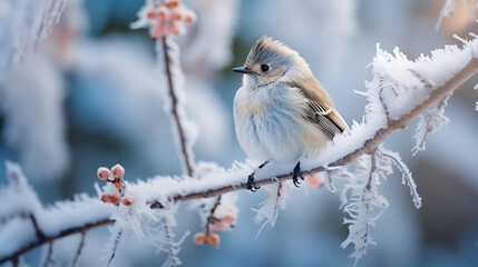 Little cute fluffy white bird in hoarfrost on a branch under the snow in the Christmas park. Bird as a symbol of Christmas and New Year
