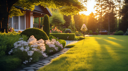 Beautiful manicured lawn and flowerbed with deciduous shrubs on private plot and track to house against backlit bright warm sunset evening light on background. Soft focusing in foreground - obrazy, fototapety, plakaty