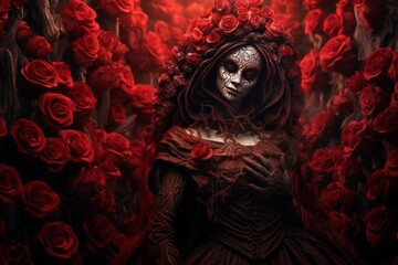 Obraz premium The beautiful Lady of Death stands against a background of roses. Generative AI.