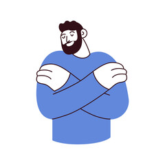 Love yourself. Love your body concept. Take time for your self. Man hugging himself isolated on white background. Black and white modern flat vector illustration