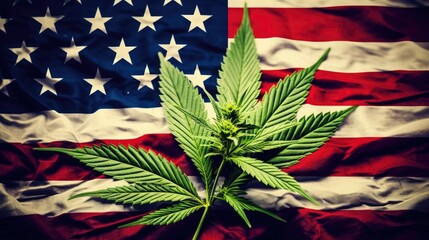 USA American flag with hemp leaf background. Cannabis&nbsp;legalization in united states of America concept.&nbsp;Legal medical hemp plant marijuana.