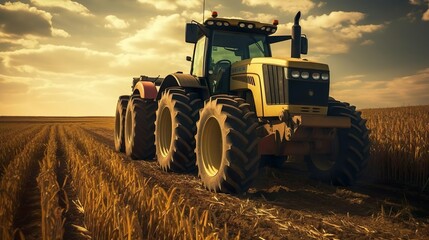 Fototapeta premium a big tractor in corn fie c