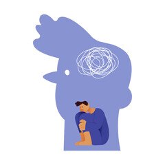 Feeling trapped. Fears. Depressed and fatigue guy. Young man feeling trapped. Modern flat vector illustration