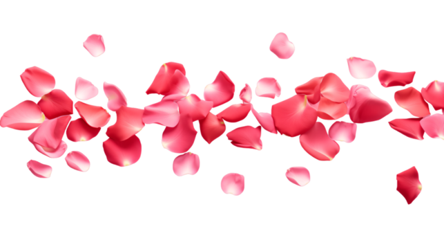 a falling or flying pink rose petals isolated on a transparent background, Valentine's Backdrop