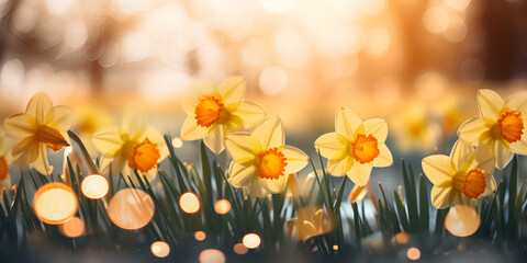 Spring Easter background with beautiful yellow daffodils, Yellow Daffodils Flowers closeup on a yellow or green bokeh background, generative AI

