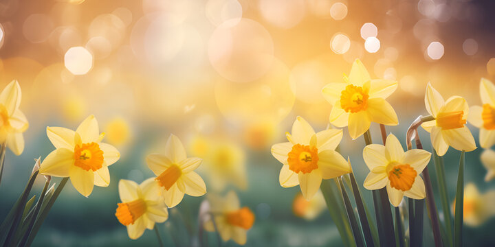 spring yellow daffodil flowers, nature image, macro photo with blurred background, March 8, women's day, spring concept, generative AI
