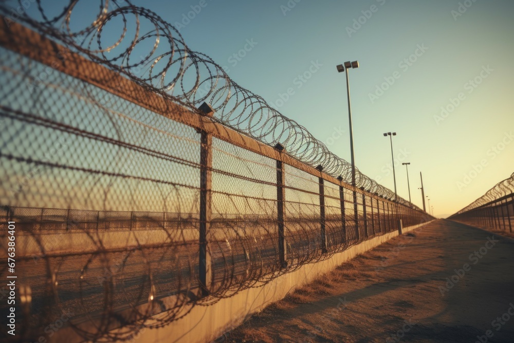 Poster fence with barbed wire. prison or border. background with selective focus and copy space