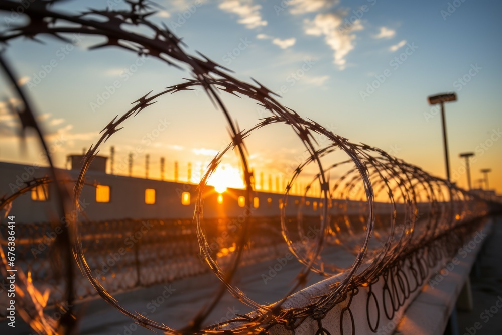 Poster a huge prison in the desert. background with selective focus and copy space