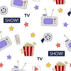 Seamless pattern cinema cartoon design elements mascot in y2k style. Hand drawn popcorn, tv, stars illustration for package, textile, paper, fabric, background, print design. Vector