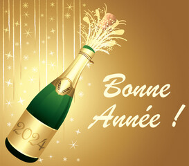 Bonne année 2024. Carte de vœux dorée en français. Illustration vectorielle. Fond festif.