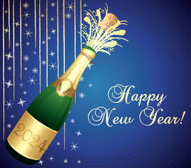 Blue and gold Happy New Year 2024 Greeting card. Champaign bottle with cork explosion. Festive background. Vector illustration.