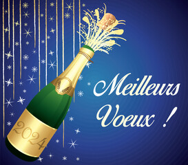 Meilleurs vœux. Bonne année 2024. Carte de vœux bleue et or en français. Illustration vectorielle. Fond festif.