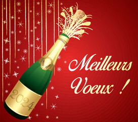 Meilleurs vœux. Bonne année 2024. Carte de vœux rouge et or en français. Illustration vectorielle. Fond festif.