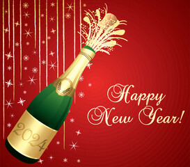 Red and gold Happy New Year 2024 Greeting card. Champaign bottle with cork explosion. Festive background. Vector illustration.
