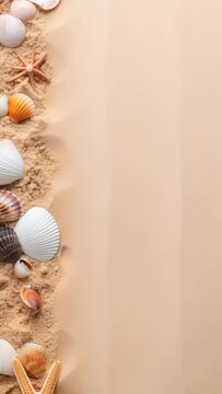 Vertical video summer background. Sea shell and sand.
