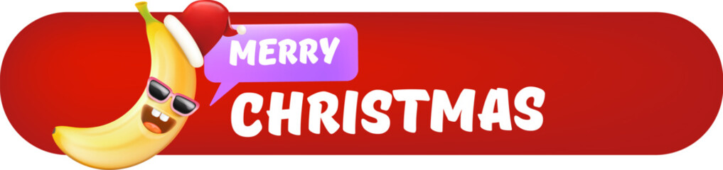 Merry Christmas horizontal battun and banner with funny cartoon banana character wearing santa red hat isolated on red background. Funny and cute Christmas card and button with smiling Banana monster