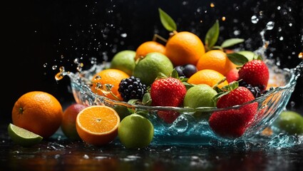 Close-up of fresh fruits with water splash