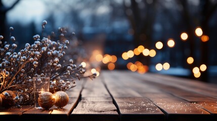 Winter scene with warm candle lights on a bridge, festive tree in the background, and a rustic wooden foreground in a serene snowy landscape.