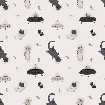 Seamless pattern with various astronaut cats in helmets, spacesuits playing among the stars in space. Vector illustration
