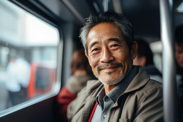 Generative AI portrait of traveler person using public transport have trip tourist subway train bus - obrazy, fototapety, plakaty
