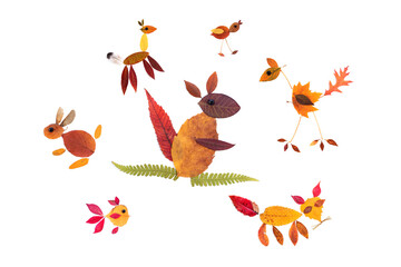 autumn nature craft for kids, animals made of dry leaf, top view, activity for children 