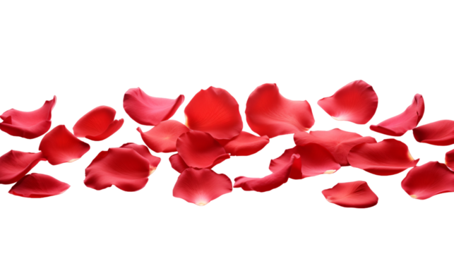 a falling or flying red rose flower petals isolated on a transparent background, Valentine's Backdrop