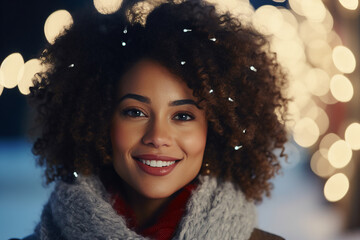 Generative AI portrait of young beautiful woman admiring garlands city decorations winter time