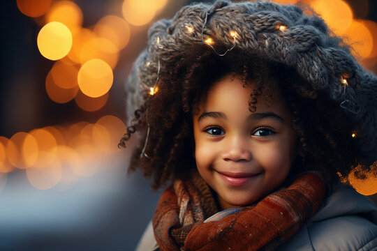 Little beautiful child boy girl Christmas fair market garland lights over head Generative AI