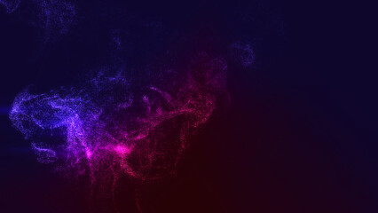 Abstract and technological purple background. Illustration of moving particles with wave effects. 3D grid surface. 3D grid surface