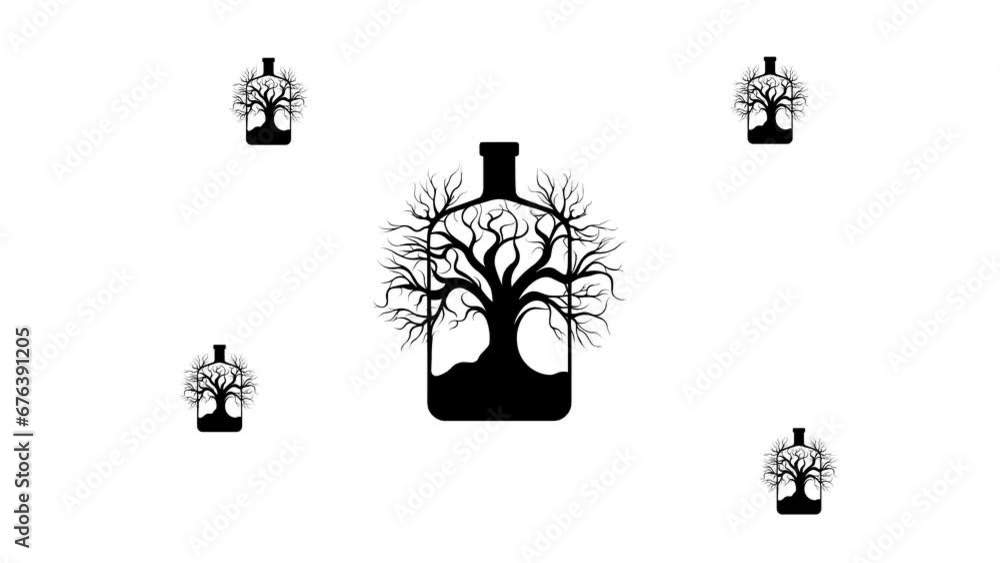 Poster zoom in and out animation the mystical tree in bottle symbol. large black symbol in the center and f