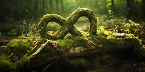 Abstract icon representing the ecological call to recycle and reuse in the form of a moss with a infinity infinite symbol in the middle of a beautiful untouched jungle or forest. 3d rendering