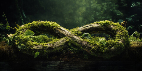 Abstract icon representing the ecological call to recycle and reuse in the form of a moss with a infinity infinite symbol in the middle of a beautiful untouched jungle or forest. 3d rendering