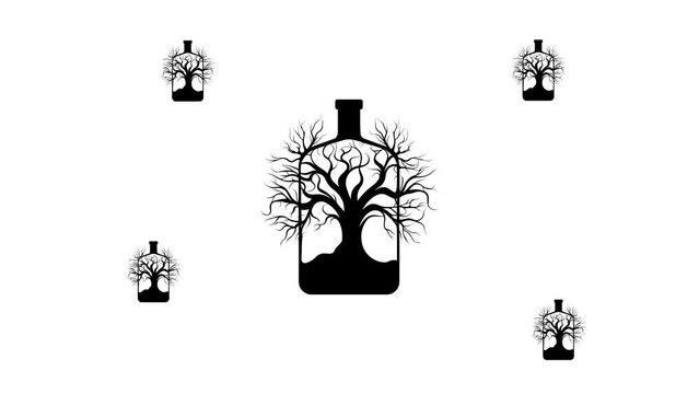 Zoom in and out animation the mystical tree in bottle symbol. Large black symbol in the center and four small symbols around. Seamless looped 4k animation on white background