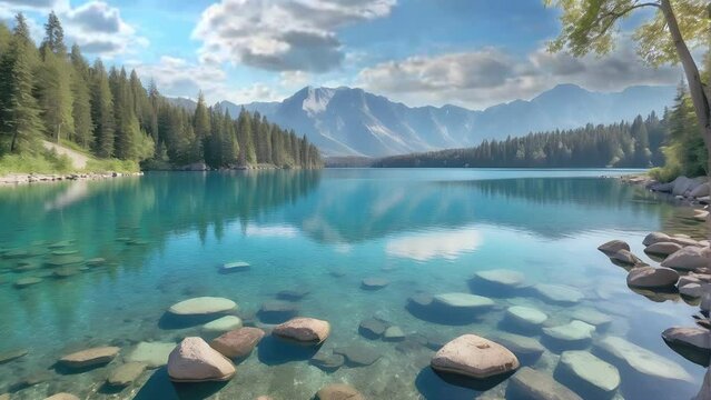 Transport yourself to a picturesque summer paradise, where the tranquil waters of a clear blue lake meet the endless blue sky,