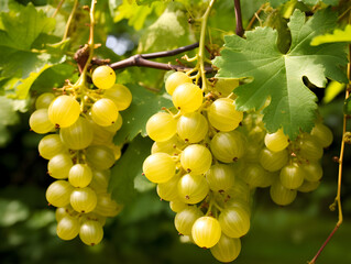 Fresh gooseberries hanging on branch, blurry background 
