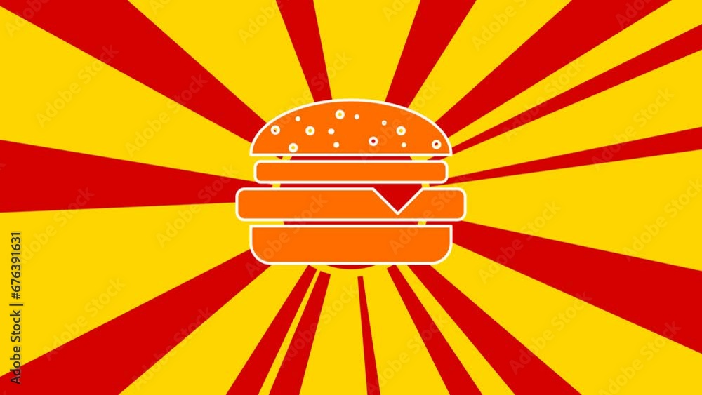 Poster hamburger symbol on the background of animation from moving rays of the sun. large orange symbol inc