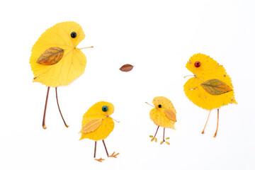 autumn nature craft for kids, animals made of dry leaf, top view, activity for children 