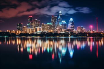 Fototapeta premium Holiday Lights Adorn the City Skyline Creating a Stunning Reflection on the River