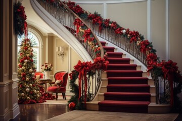 A charming Christmas scene featuring a decorated staircase with holiday stockings and colorful ribbons - obrazy, fototapety, plakaty