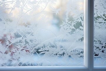 A picturesque view of a snowy garden through a frost-patterned window on Christmas morning
