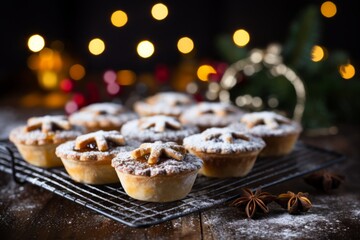 Delicious homemade mince pies dusted with icing sugar resting on a cooling rack amidst a festive Christmas setting - obrazy, fototapety, plakaty