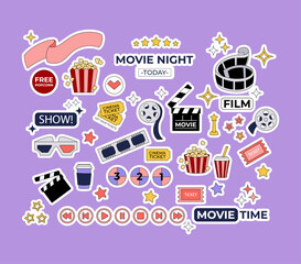Fototapeta na wymiar Collection of movie stickers in trendy retro style. Cinema items, objects, popcorn, mascot, film in 2000s illustration. Vector