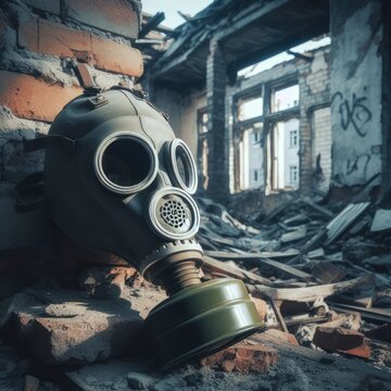 soldier gas mask  in the middle of a destroyed building war background