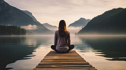 Young woman meditating on a wooden pier on the edge of a lake to improve focus. AI Generative